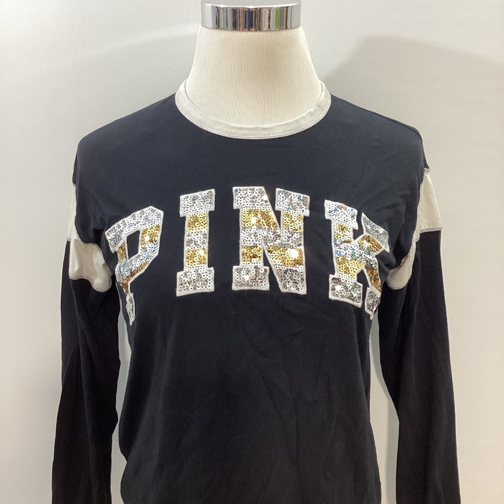 PINK Victoria's Secret Black and White Sequins Logo Gold Long Sleeve Tee Size S